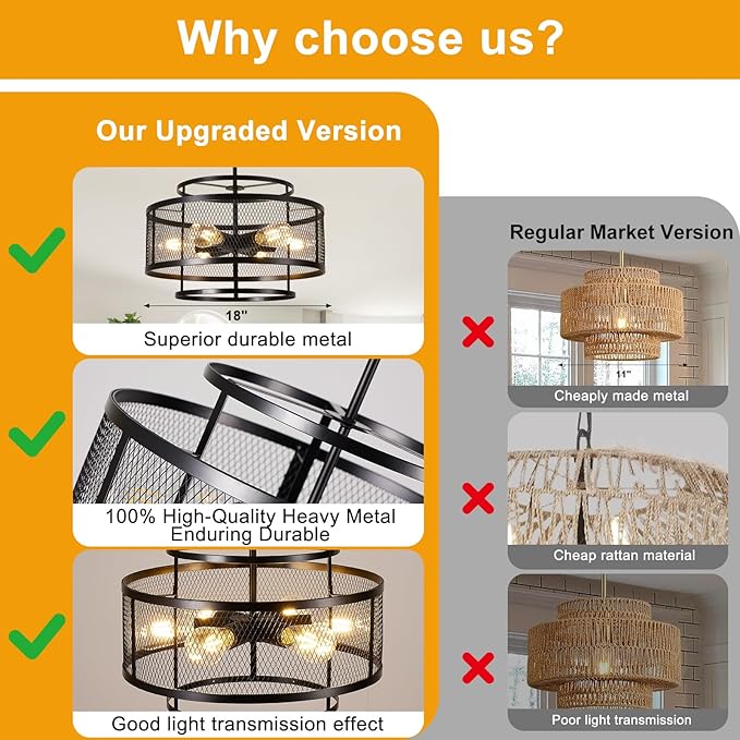 18" Black Chandeliers for Dining Room, 6-Light Farmhouse Pendant Light Fixtures, Industrial Hanging Pendant Lights Fixture for Kitchen Island Dining Room Living Room Bedroom Hallway Entryway