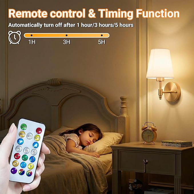 Nekhung Battery Operated Wall Sconces Set of Two, Wireless Battery Wall Light with 10000mAh RGB Dimmable Magnetic Bulb and Remote, Rechargeable Sconce Wall Decor for Bedroom Living Room Hallway