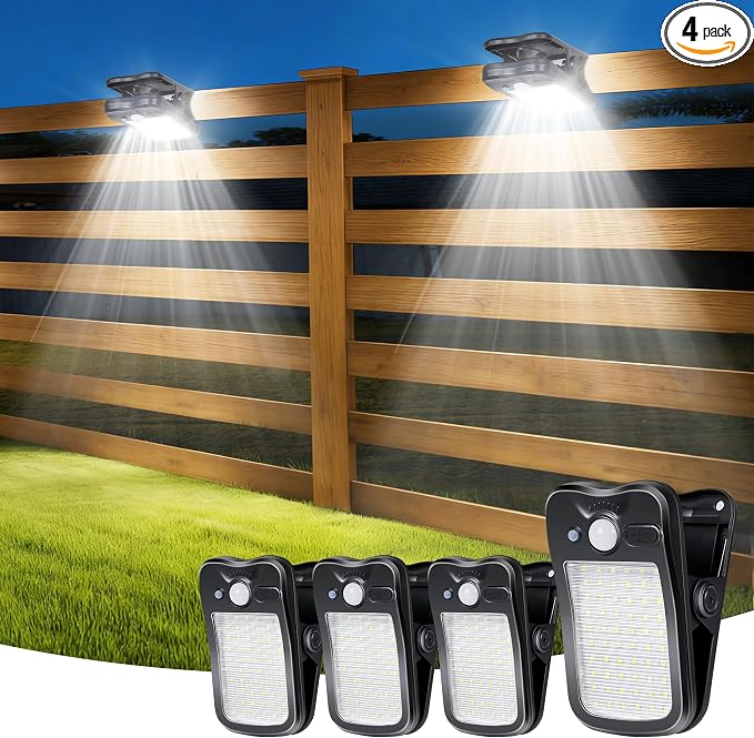 Clip on Solar Lights Outdoor, 3 Modes Solar Motion Sensor Lights Outdoor, 60LEDs 500LM Solar Powered Security Lights for Fence, Deck, Garage, Camping, USB Charging, 4 Black