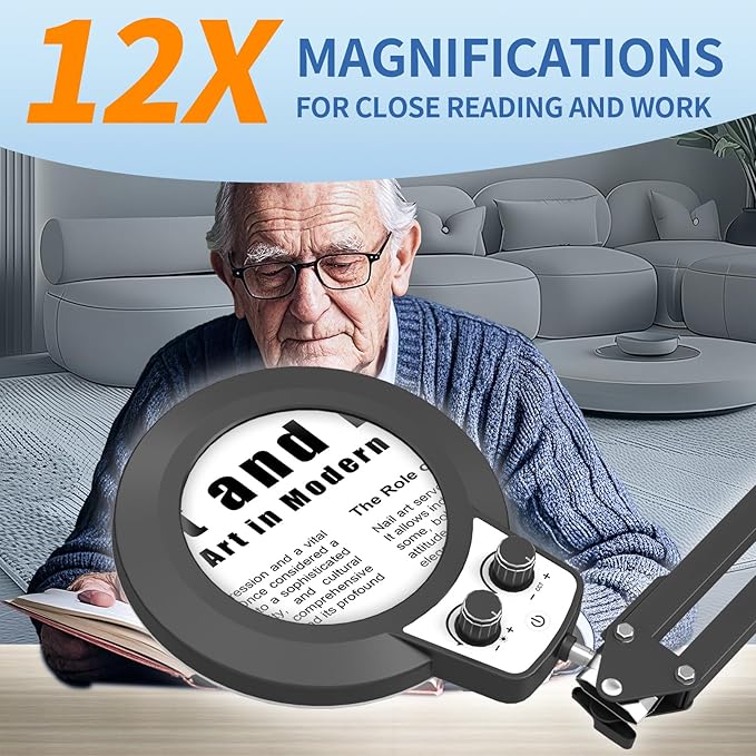HITTI 12X Ultra Long Magnifying Glass with Light and Clamp, Infinite Color Brightness Workbench Light, Hands Free LED Magnifier Light Stand for Crafts Reading Painting Soldering (12X 27.5In Clamp)
