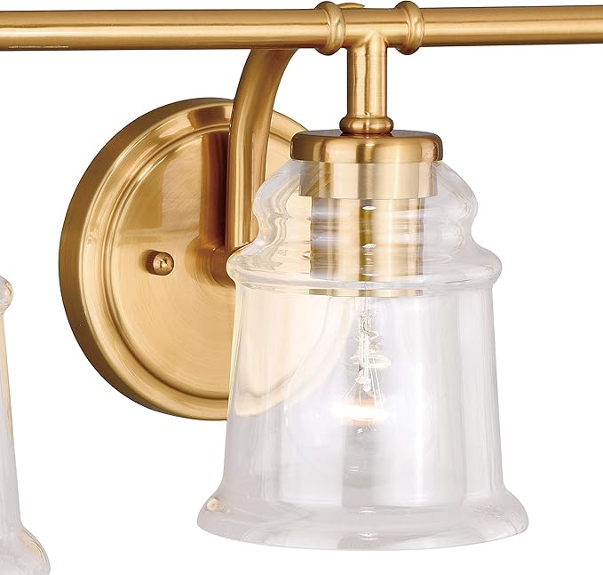 VAXCEL Toledo 3-Light 22 inch Wide Natural Brass Gold Industrial Bathroom Vanity Lighting Fixture, Clear Glass Shade, Dimmable, LED Compatible, Over The Mirror Mounted Steel Wall Sconce