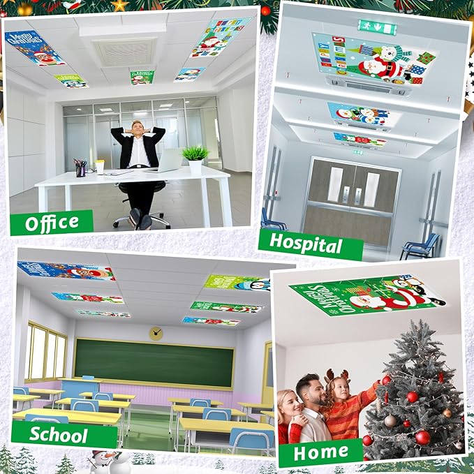 6 Pack Fluorescent Light Covers with 60 Magnets Decorative for Classroom Ceiling Light 4 x 2 Feet Magnetic Light Covers Filter Easy Install for Office School Hospitals Drop Ceiling Supplies(Christmas)