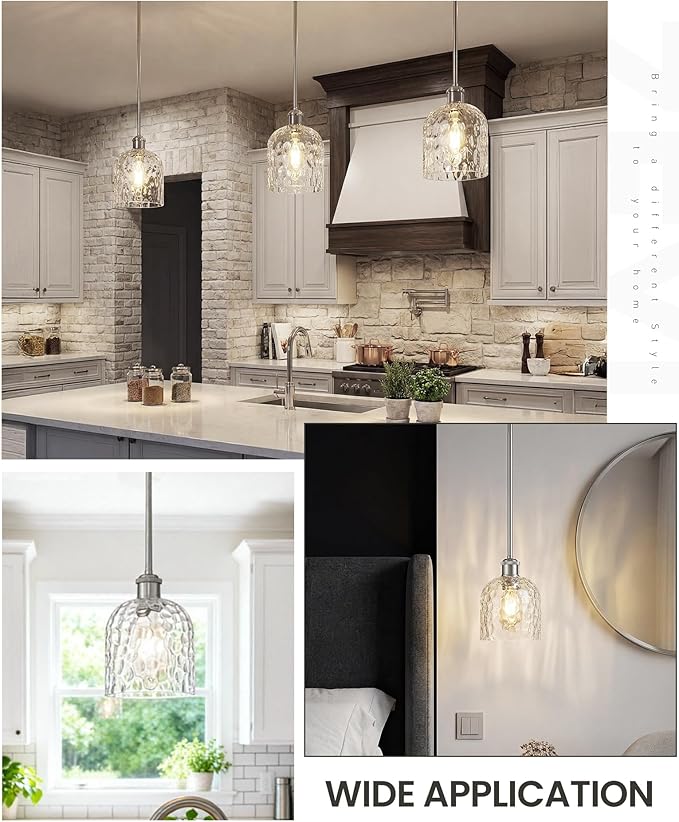 zeyu Industrial Pendant Light,1-Light Hanging Light Fixture Kitchen, Brushed Nickel Hanging Light with Clear Hammered Glass, ZJF63MIL-L BN
