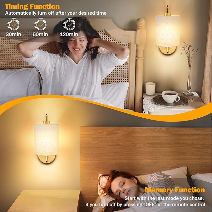MATAMEYE Battery Operated Wall Sconce Set of 2, Gold Rechargeable Dimmable Wall Light Fixture Remote, 12 RGB Colors & Timer, Wireless Lamp Linen Shade