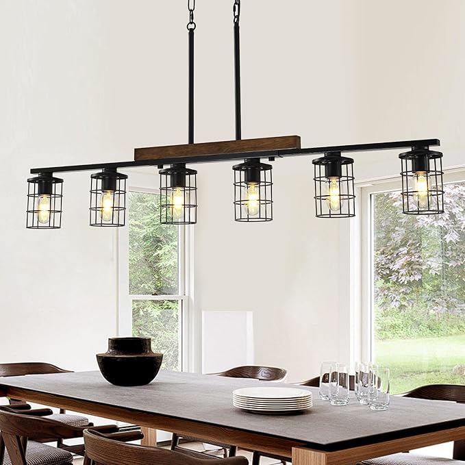 47.2" Farmhouse Kitchen Light Fixture, Black Hanging Kitchen Chandelier, 6-Light Rustic Dining Room Light Adjustable Height with Wood and Metal Frame, Suit for Farmhouse, Industrial Style