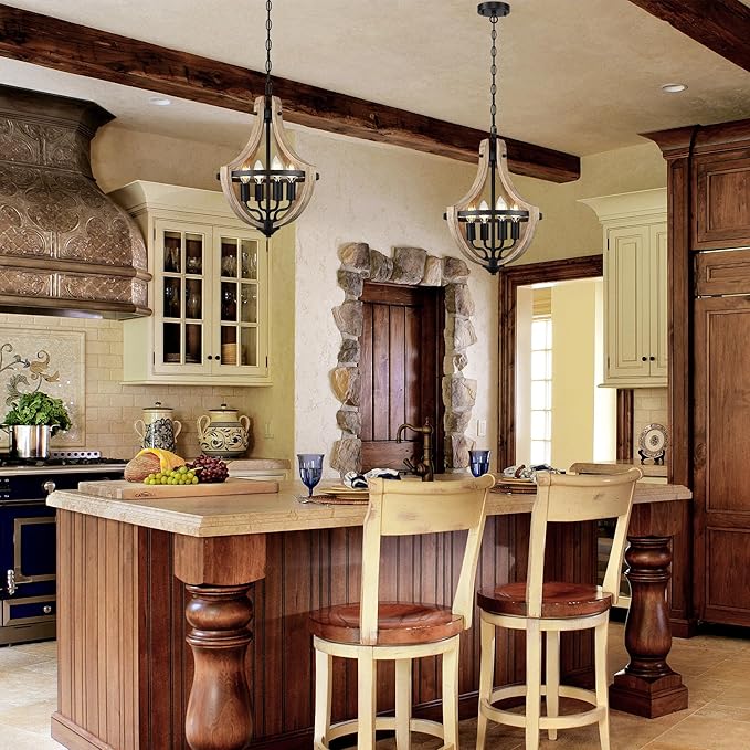 4-Light Farmhouse Dining Room Light Fixture, Adjustable Height Hanging Wood Vintage Pendant Lights for Kitchen Island Hallway Foyer Entryway Breakfast Area Bedroom