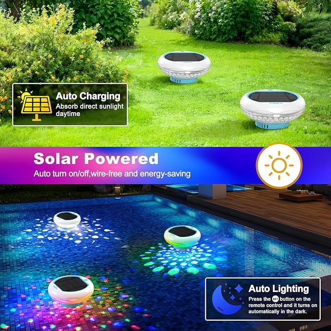 Solar Pool Chlorine Floater with Floating Light, APP-Controlled, RGB Color, IP68 Waterproof, Large Capacity for 2 Tablets (Blue for 4 Tablets)