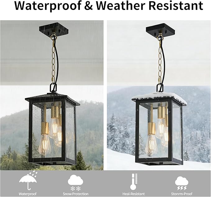 Large Outdoor Light Fixture,Pendant Light with Clear Glass Shade,3-Light Black&Gold Exterior Hanging Lantern for Front Porch Entrance Foyer Entryway (Bulb Not Included)