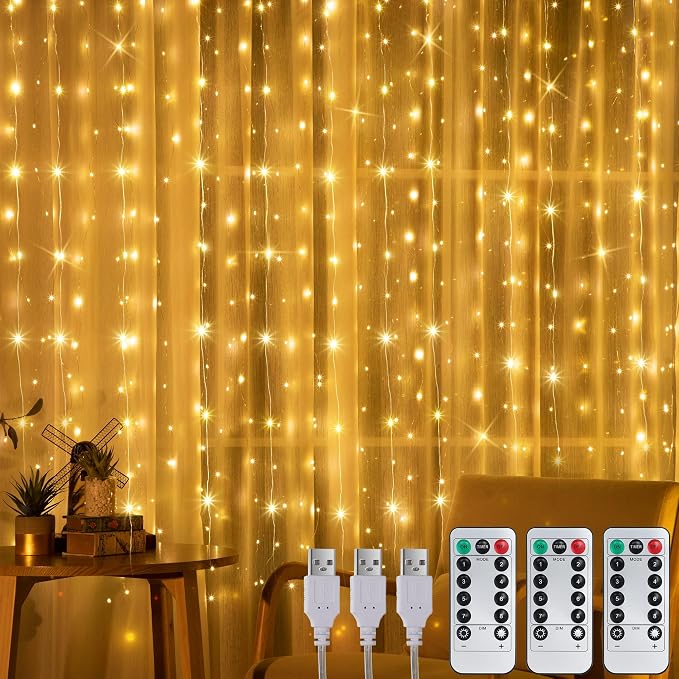 Tuanse 3 Pack 195 LED Curtain Tapestry Lights Backdrop String Lights, 6.5 x 5 Feet Hanging Fairy Curtain Light with 8 Lighting Modes and Remote for Bedroom Window Wall Indoor Outdoor Graduation Decor