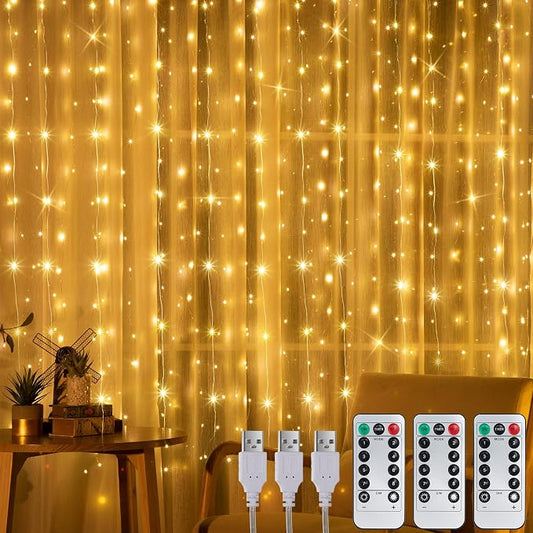 Tuanse 3 Pack 195 LED Curtain Tapestry Lights Backdrop String Lights, 6.5 x 5 Feet Hanging Fairy Curtain Light with 8 Lighting Modes and Remote for Bedroom Window Wall Indoor Outdoor Graduation Decor