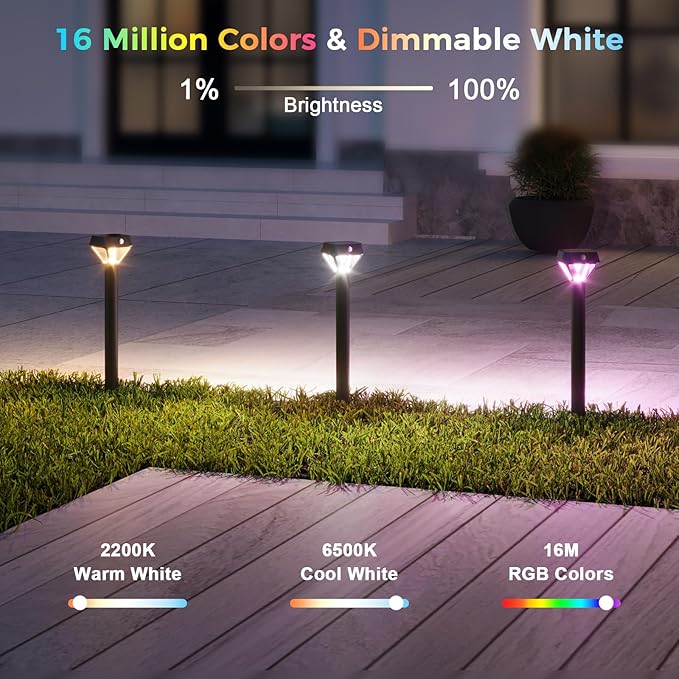 XMCOSY+ Smart Solar Pathway Lights, Bluetooth APP Control with Motion Sensor, 150LM RGBCW Color Changing Landscape Lighting for Yard, Garage, Garden, Lawn, IP65 Waterproof, 2 Pack
