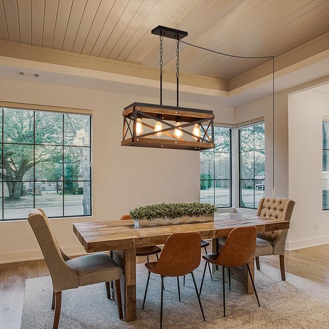 Rustic Farmhouse Plug in Kitchen Island Lighting, 4 Lights Rectangular Pendant Light Fixture with Adjustable Chain, Dimmable Switch, Oak Wood and Metal Linear Chandelier for Dining Room Home, Black