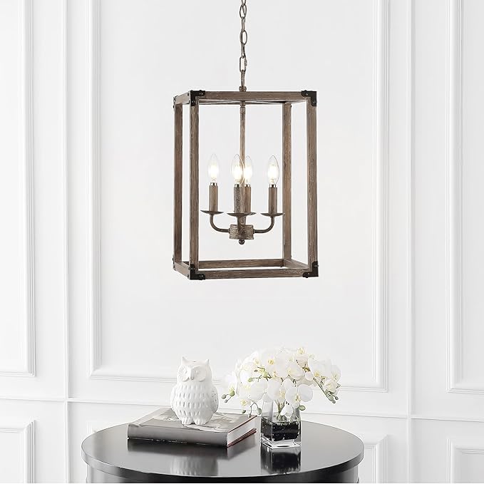 JONATHAN Y 12" Brown/Oil Rubbed Bronze Rustic Farmhouse 4-Light LED Pendant, Adjustable Iron Lantern Chandelier for Kitchen Island, Barnwood Wood Grain Finish JYL7475A