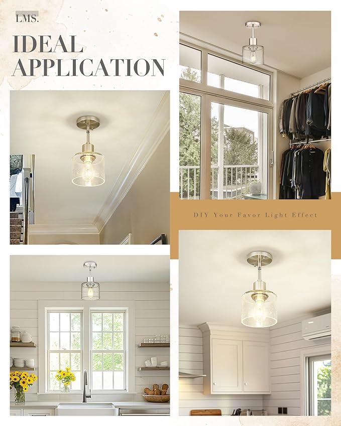 LMS Industrial Semi Flush Mount Ceiling Light, Brushed Nickel 1-Light Close to Ceiling Light with Seeded Glass Shade, Modern Ceiling Lmap for Hallway Corridor Kitchen, LMS-101BN