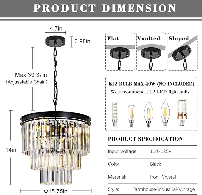 Crystal Chandelier 15.8" Modern K9 Crystal Hanging Pendant Lights 6-Lights Black 3-Tier Luxury Crystal Dining Room Light Fixture for Living Room Bedroom Kitchen Island Entryway Foyer Stair