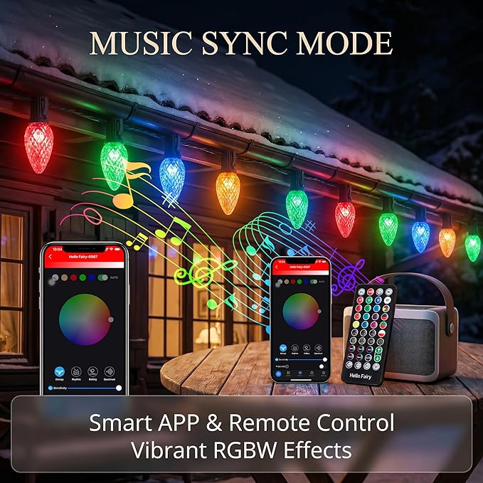 HOLILLUMA Smart C9 Christmas Lights Outdoor, 118FT 150LED RGB Color Changing String Lights, App&Remote Control, Music Sync, Connectable LED Christmas Tree Lights for Outdoor House Holiday Decoration