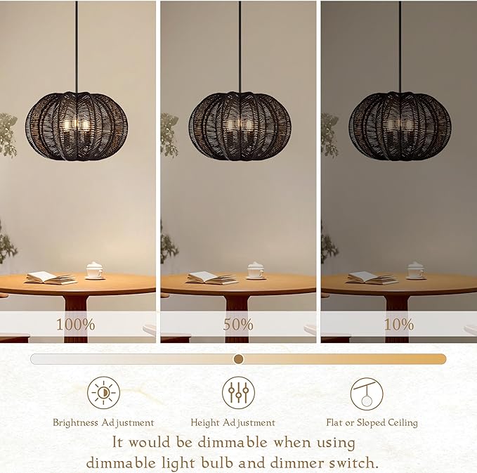 17.7 Inch Rattan Pendant Light Black Hemp Rope Rattan Light Fixture Woven Pendant Wicker Chandelier 3-Light Boho Chandelier for Foyer