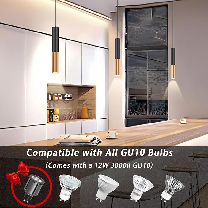 Modern Black and Gold Pendant Light Fixture for Kitchen Island, 1-Light Pendant Lighting with GU10 LED Bulb Ceiling Hanging Lights Cord Adjustable for Living Room Bedroom Dining Room