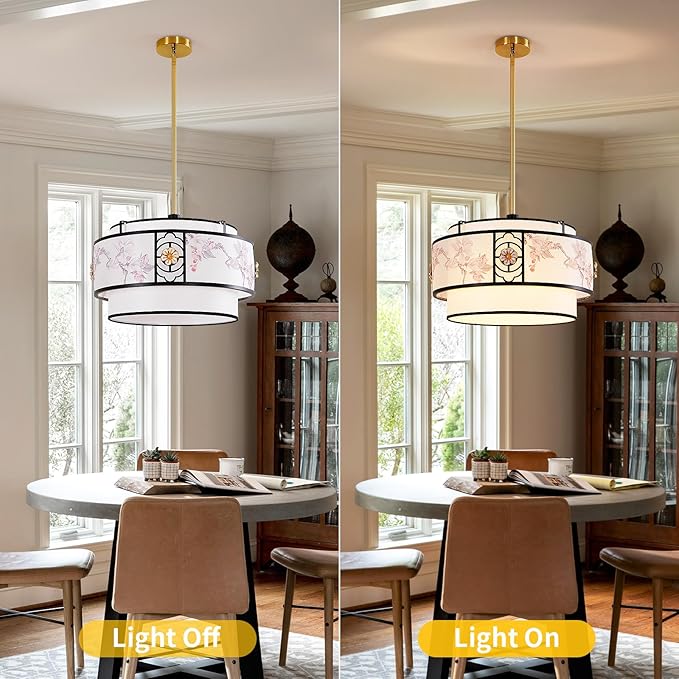 A 19.6-inch black and white drum-shaped Bohemian-style chandelier, featuring a simple fabric surface treatment, is suitable for bedrooms, study rooms, dining rooms, living rooms, and kitchen islands.