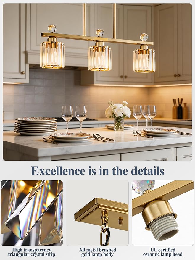 Crystal Island Light for Kitchen Over Table,Gold Linear Pendant Light for Dining Room Light Fixture,3-Lights Ceiling Hanging Chandeliers Dining Room Lighting Fixture with Luxury Crystal Shade