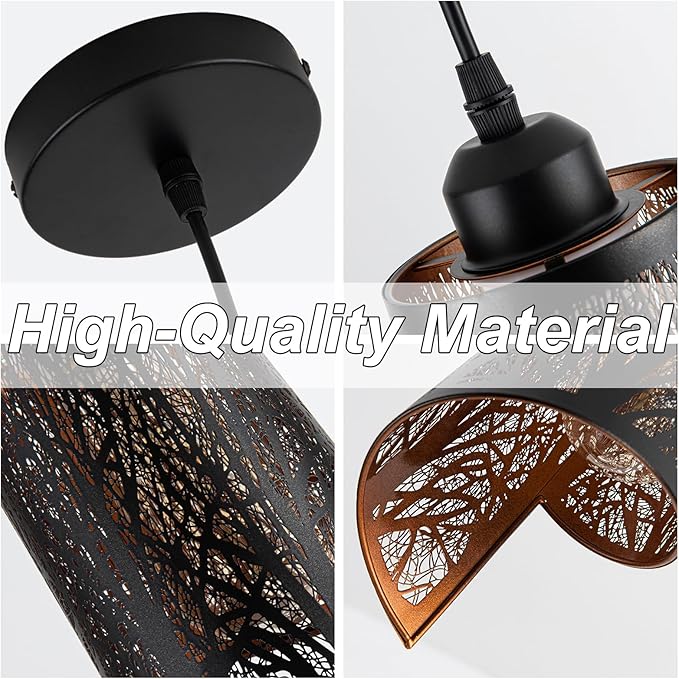 Industrial Black Pendant Light Fixture Vintage Mini Black Pendant Lighting with Gold Finish Rustic Hollow-Carved Small Pendant Light for Kitchen Island, Dining Room, Bedroom, 3 Pack