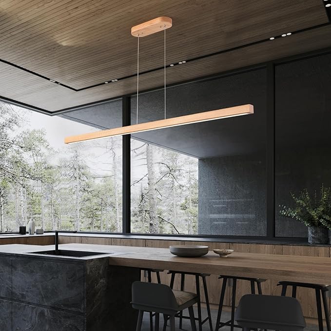 YISDESIGN 71" 40W Wood Linear Pendant Light Fixture Led Dining Room Light Dimmable Hanging Light Fixture for Kitchen Island Dining Room Pool Table Lights Natural