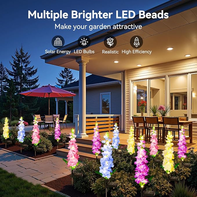 KOOPER Solar Lights Outdoor Garden Decor, 10 Pack Upgraded Delphinium Solar Garden Lights with 90 LEDs, Vivid Flowers Outdoor Waterproof for Landscape Patio Yard Decor