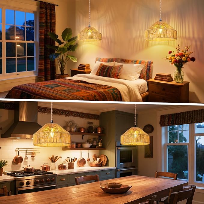 Maliralt Hanging Lamps Rattan Pendant Light Hanging Lights 16.4ft Plug in Cord Pendant Light Fixture Plug Into Wall Outlet Pendant Lighting with On Off Switch for Bedroom Living (Mongolian Yurt)