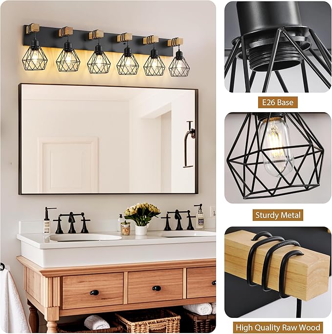Farmhouse Vanity Light for Bathroom, 6-Light Wood Bathroom Vanity Light Fixtures Over Mirror, Rustic Sconces Wall Lighting with Metal Lampshade for Living Room, Bedroom, Hallway