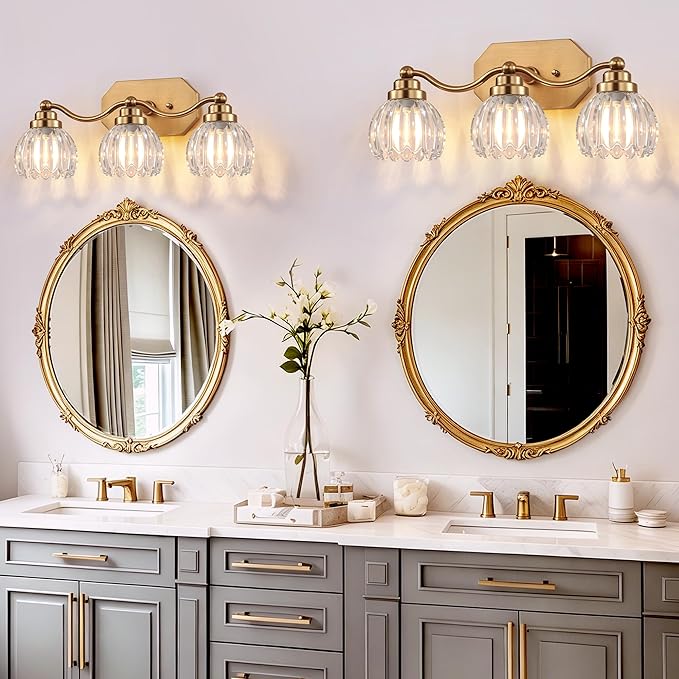 VbiTmn Gold Bathroom Light Fixtures, 3 Light Vintage Vanity Lights, Antique Brass Brushed Gold Finish, Crystal Transparent Glass Shade, Mid Century Wall Sconces for Bedroom, Living Room, Hallway