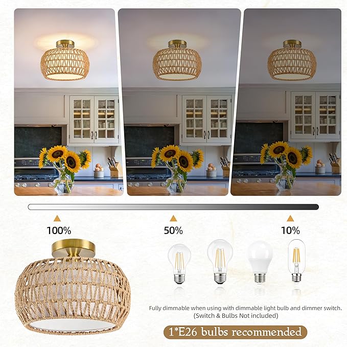 12.6 inch Natural Rattan Ceiling Light Fixture Hand-Woven Rattan Chandelier Boho Ceiling Light Fabric Shade Boho Chandelier for Kitchen Dinning Room (Bulb Incl.)