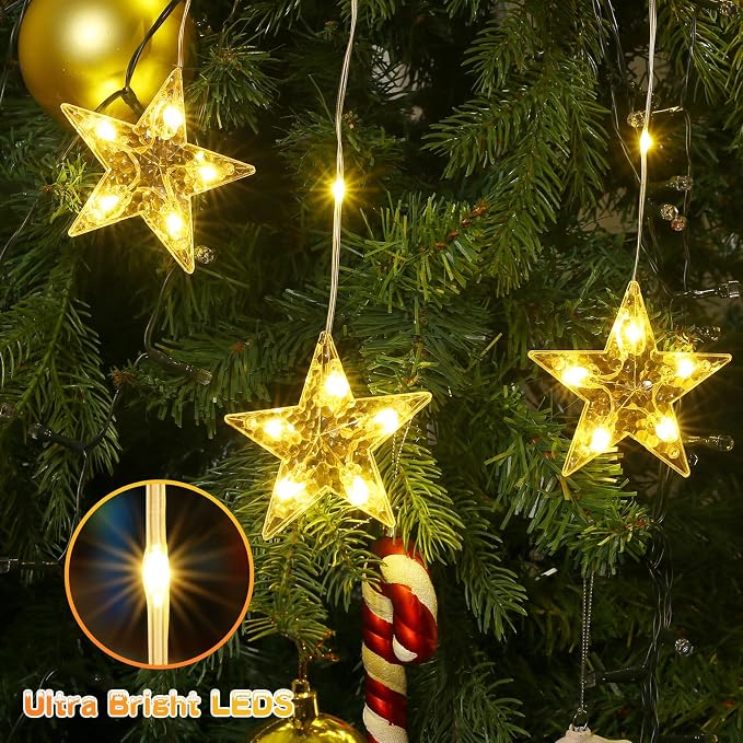 Christmas Window Lights, 76LED 9 Stars IP65 Battery Operated Star Curtain Lights 11 Modes with Timer, Xmas Decoration for Bedroom Wall Indoor Home Deco, Warm White & Multicolor