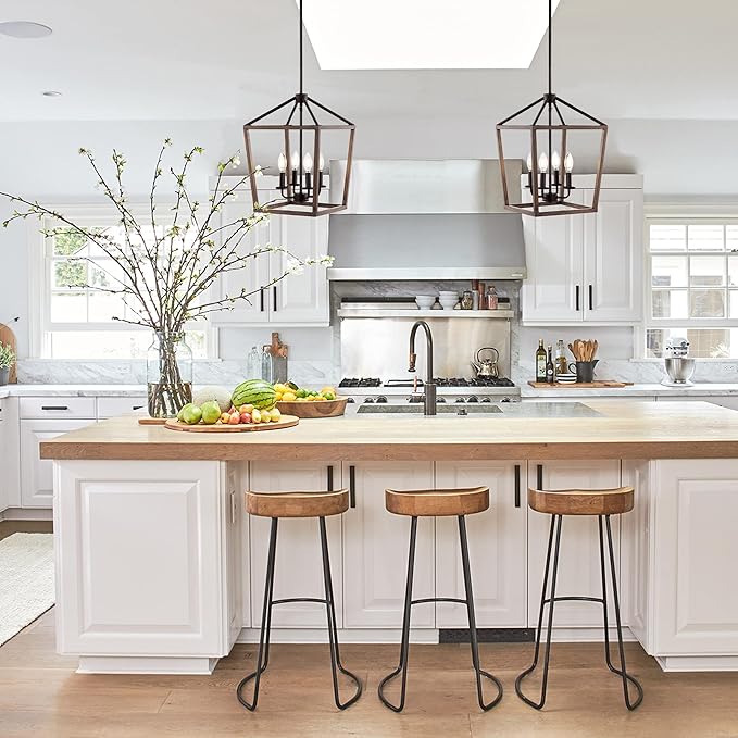 JONATHAN Y 13" Oil Rubbed Bronze/Faux Wood 4-Light Farmhouse Lantern Pendant Light, LED Cage Chandelier for Kitchen Island, Foyer, Entry, Metal Wood Finish Shade, Bulbs Included (JYL1322A)