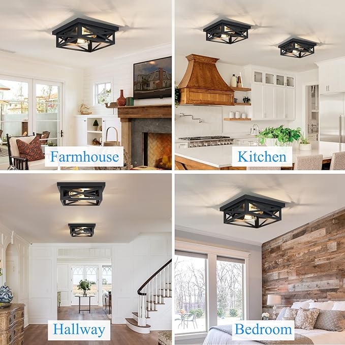 Black Flush Mount Ceiling Light Fixture,2-Light Square Hallway Light Fixtures Ceiling,Light Fixtures Ceiling Mount for Farmhouse,Kitchen,Hall,Bedroom (2 Pack)