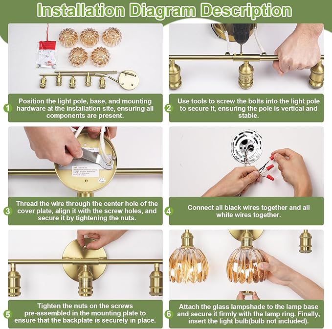 Vintage Bathroom Light Fixtures,5-Light Hardwired Vanity Lights with Green Tulip Glass Shade,Gold Bathroom Vanity Light for Mirror Restroom,E26 Socket,33.46 in(Bulbs Not Included)