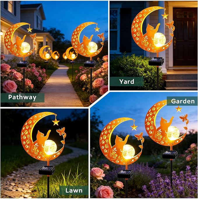 Solar Garden Decor Outdoor Statue, Moon Fairy Garden Figurines with Cat Design for Mom Women Grandma Solar Stake Lights for Patio, Yard, Lawn, Pathway (Warm White)
