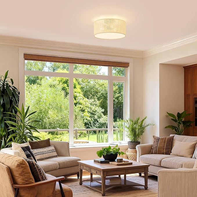 13Inch Boho Semi Flush Mount Ceiling Light,Natural Woven Drum 3-Light Ciling Fixture for Bedroom,Living Room,Dining Room,Kitchen,Hallway,Entryway,Coastal and Scandinavian Style Lighting