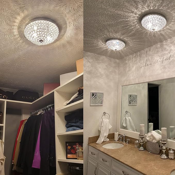 Modern Chrome Flush Mount Crystal Ceiling Light,2-Light Crystal Chandelier Ceiling Lighting for Bedroom Living Room Closet Kitchen,Hallway Light Fixtures with Sparkling Crystal Metal Shade