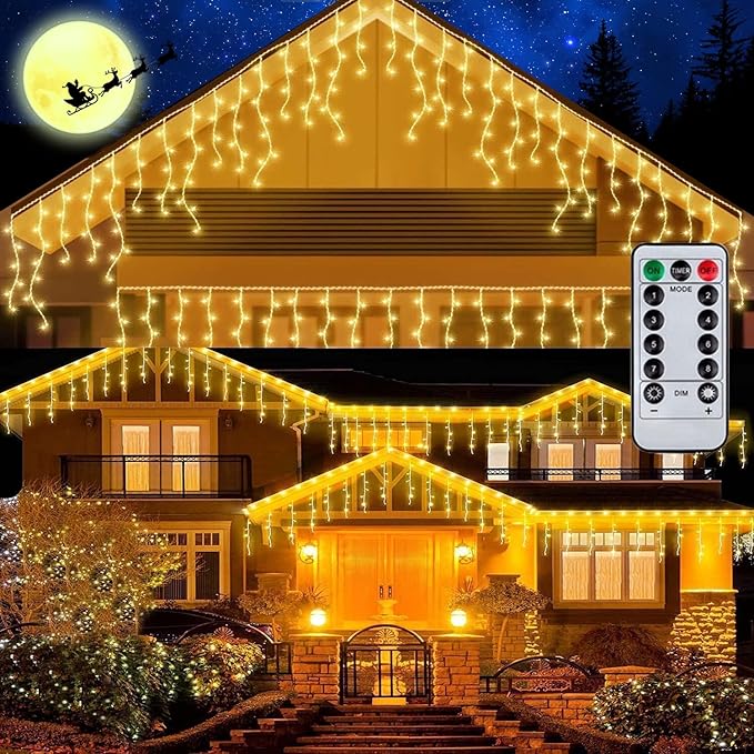 Outdoor Icicle Lights,9.8FT String Lights with Remote Timer, Battery Powered Hanging Window Wall Dripping Ice Light for Outside,Waterproof for House Garden Yard Decor(Warm White)