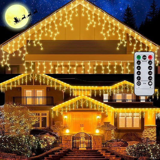 Outdoor Icicle Lights,9.8FT String Lights with Remote Timer, Battery Powered Hanging Window Wall Dripping Ice Light for Outside,Waterproof for House Garden Yard Decor(Warm White)