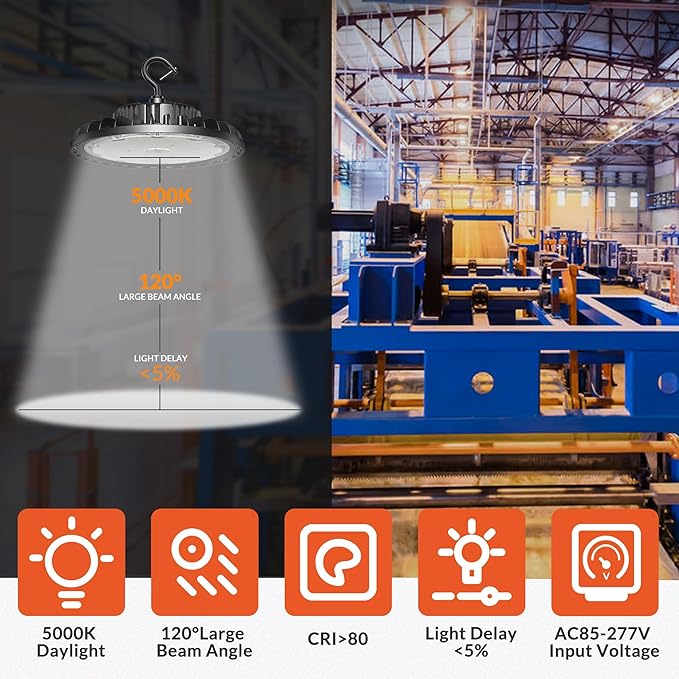 LED High Bay Light 150W 21000LM 5000K, LED Shop Lights for Garage Super Bright with 110-277V US Plug 5’ Cable Waterproof UFO Commercial Warehouse Workshop Factory Area Lighting Fixture, 2 Pack