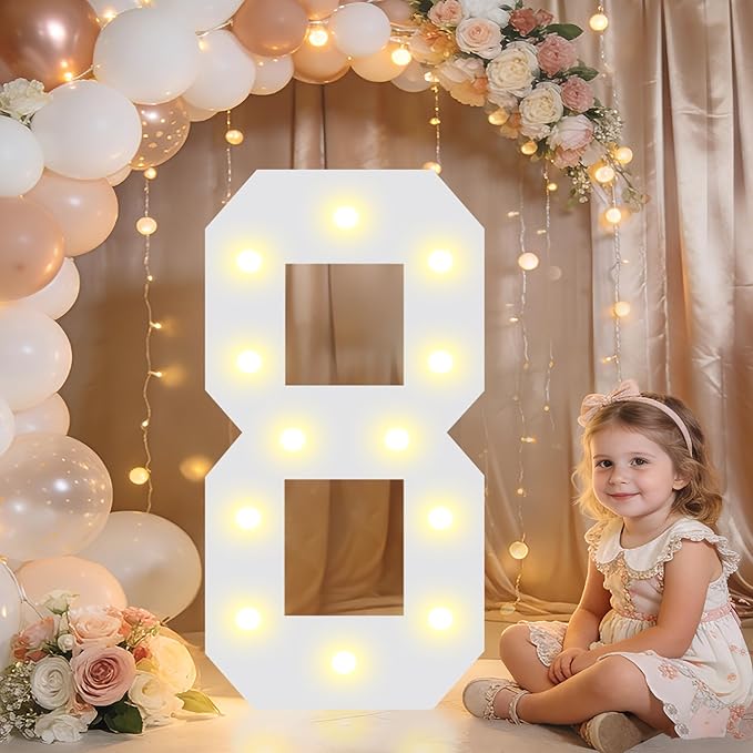 Pooqla 2.4FT Light Up Numbers, Marquee Numbers 2.4 Feet Tall Party Decor for Her Him, Mosaic Big Sign for 8th 18th 80th Birthday Anniversary Decoration Backdrop, Large Pre-Cut Frame Number 8
