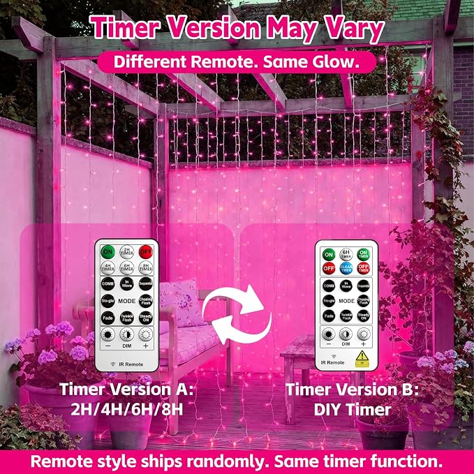 Curtain Light for Bedroom, 200LED 6.6x6.6ft Pink Window Wall Hanging Fairy Curtain String Light, 8 Modes Remote Fairy String Lights Indoor for Wedding Party Home Garden Decorations