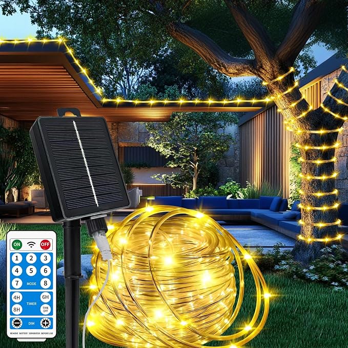LairtPOW Solar Rope Lights with Remote for Palm Tree,39FT 100LEDs Outdoor Solar Strip Lights for Garden,IP67 Waterproof,USB Charging, Timing & 8 Modes Larger Tube Fairy Light for Christmas(Warm White)