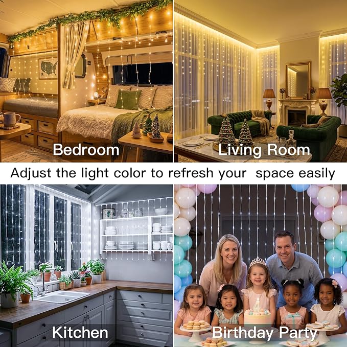 suddus Curtain Lights Untangled,450 LED Hanging Lights with Hooks, Waterproof Window Lights for Christmas, Dorm, Wall, Backdrop, Window, Wedding, Party, Birthday Decor,Color Changing
