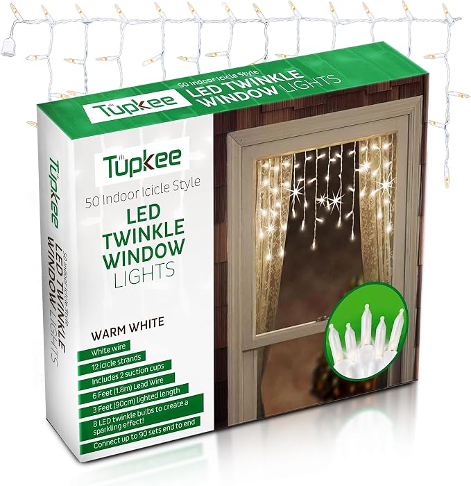 Christmas LED Twinkle Window Icicle Lights - 3 Feet (0.91 m) - 8 of 50 Bulbs Twinkle Random - 50 LED Warm White Bulbs - Indoor Outdoor - Twinkling Icicle Christmas Lights