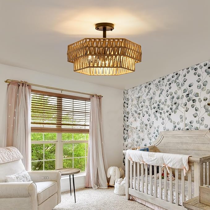 XSDeTu Farmhouse Semi Flush Mount Ceiling Light, 3-Light Boho Light Fixtures，Rustic Woven Hemp Rope Ceiling Lamp, Double Hexagonal Flush Mount Light Fixture for Hallway, Kitchen, Bedroom