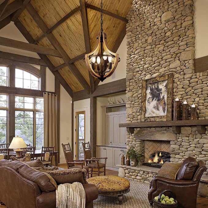 4-Light Farmhouse Dining Room Light Fixture, Adjustable Height Hanging Wood Vintage Pendant Lights for Kitchen Island Hallway Foyer Entryway Breakfast Area Bedroom