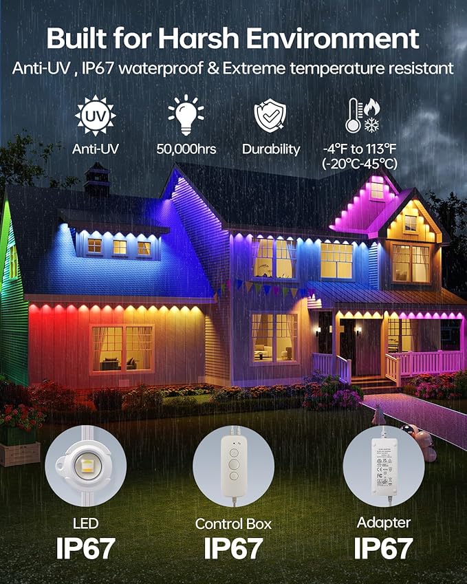 ASAHOM AI Permanent Outdoor Lights S107D, 200FT with 144 RGBCW LED Lights, 30,000 Lighting Effect, Controller with Dual Output, Extend to 800FT, Cuttable for House Outdoor Decor Daily Lighting, White