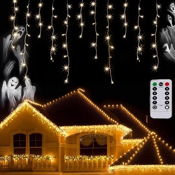 Outdoor Icicle Lights,9.8FT String Lights with Remote Timer, Battery Powered Hanging Window Wall Dripping Ice Light for Outside,Waterproof for House Garden Yard Decor(Warm White)